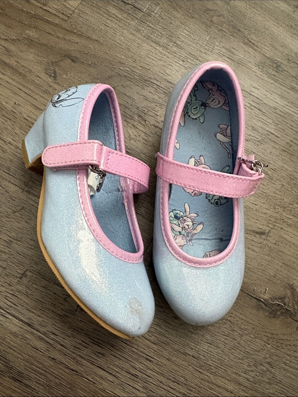 Disney Stitch-themed Kids Glitter Mary Jane Shoes in Light Blue and Pink size 10